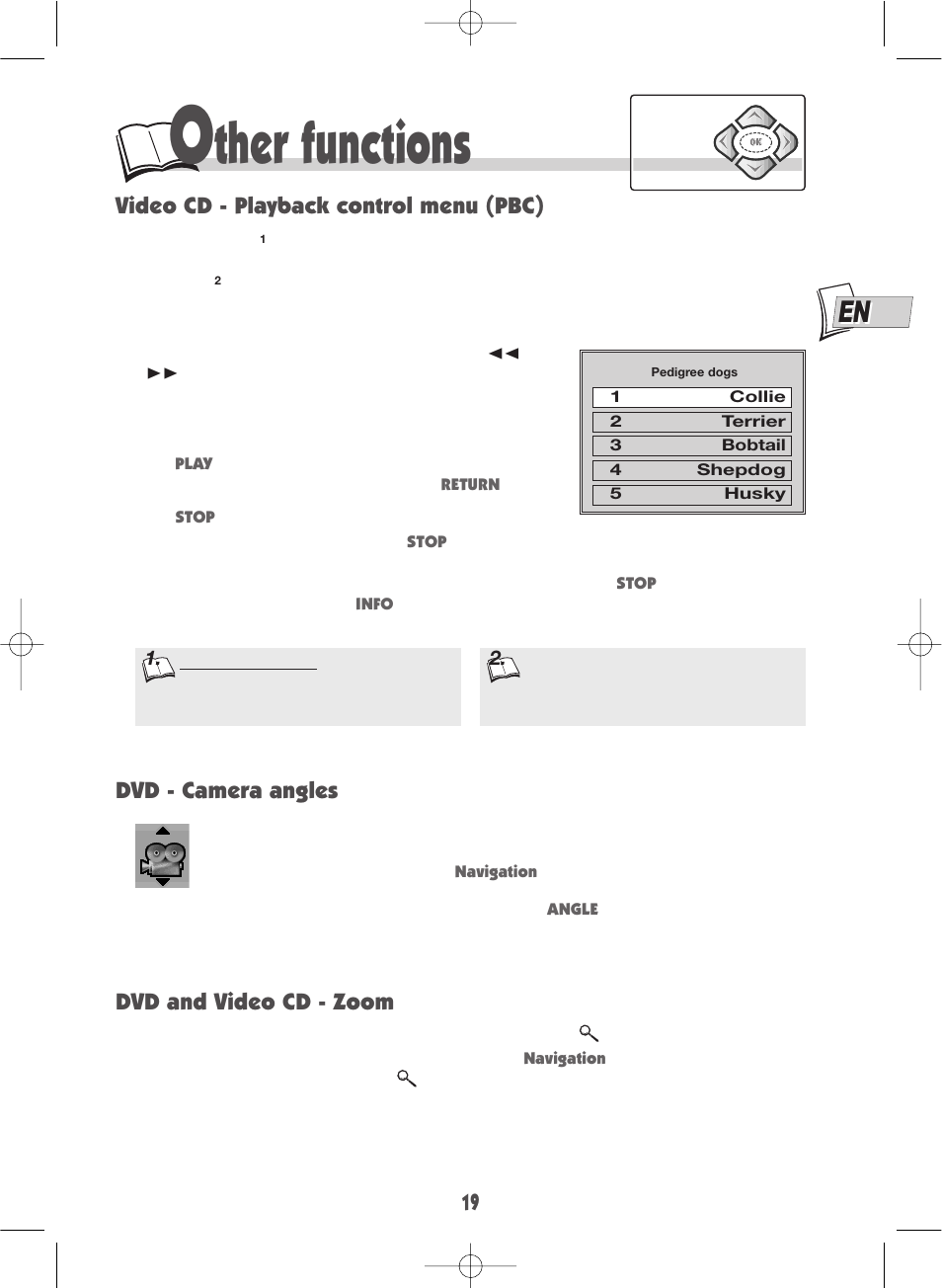 Ther functions, Video cd - playback control menu (pbc), Dvd - camera angles | Dvd and video cd - zoom | Technicolor - Thomson DTH190 User Manual | Page 19 / 24