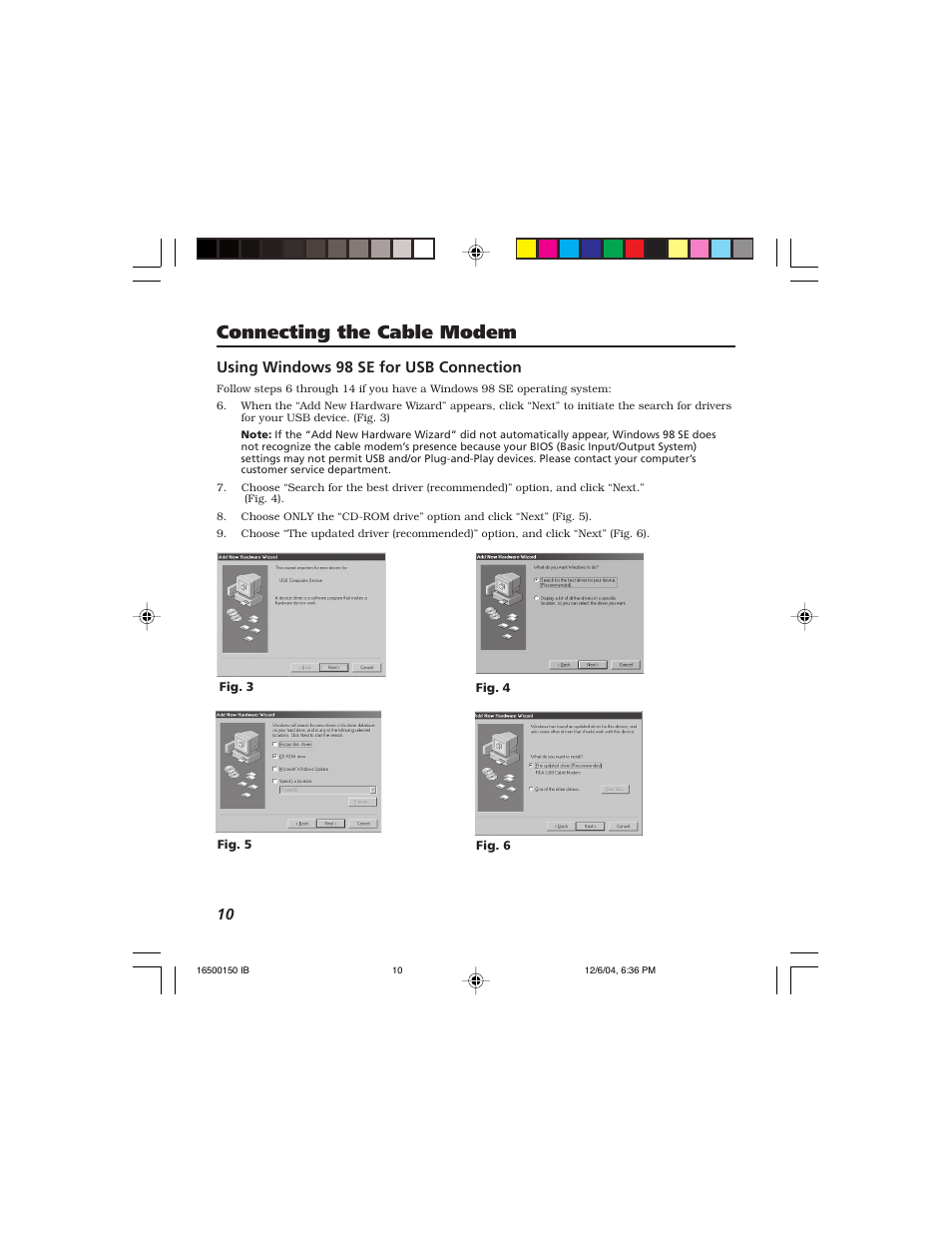 Connecting the cable modem, Using windows 98 se for usb connection | Technicolor - Thomson Thomson CABLE MODEM User Manual | Page 12 / 35