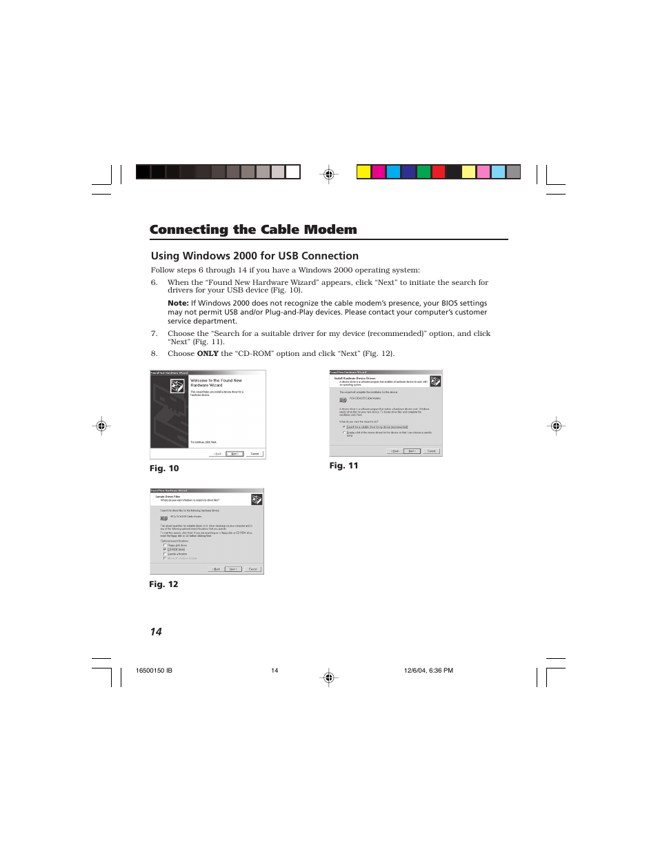 Connecting the cable modem, Using windows 2000 for usb connection | Technicolor - Thomson Thomson CABLE MODEM User Manual | Page 16 / 35