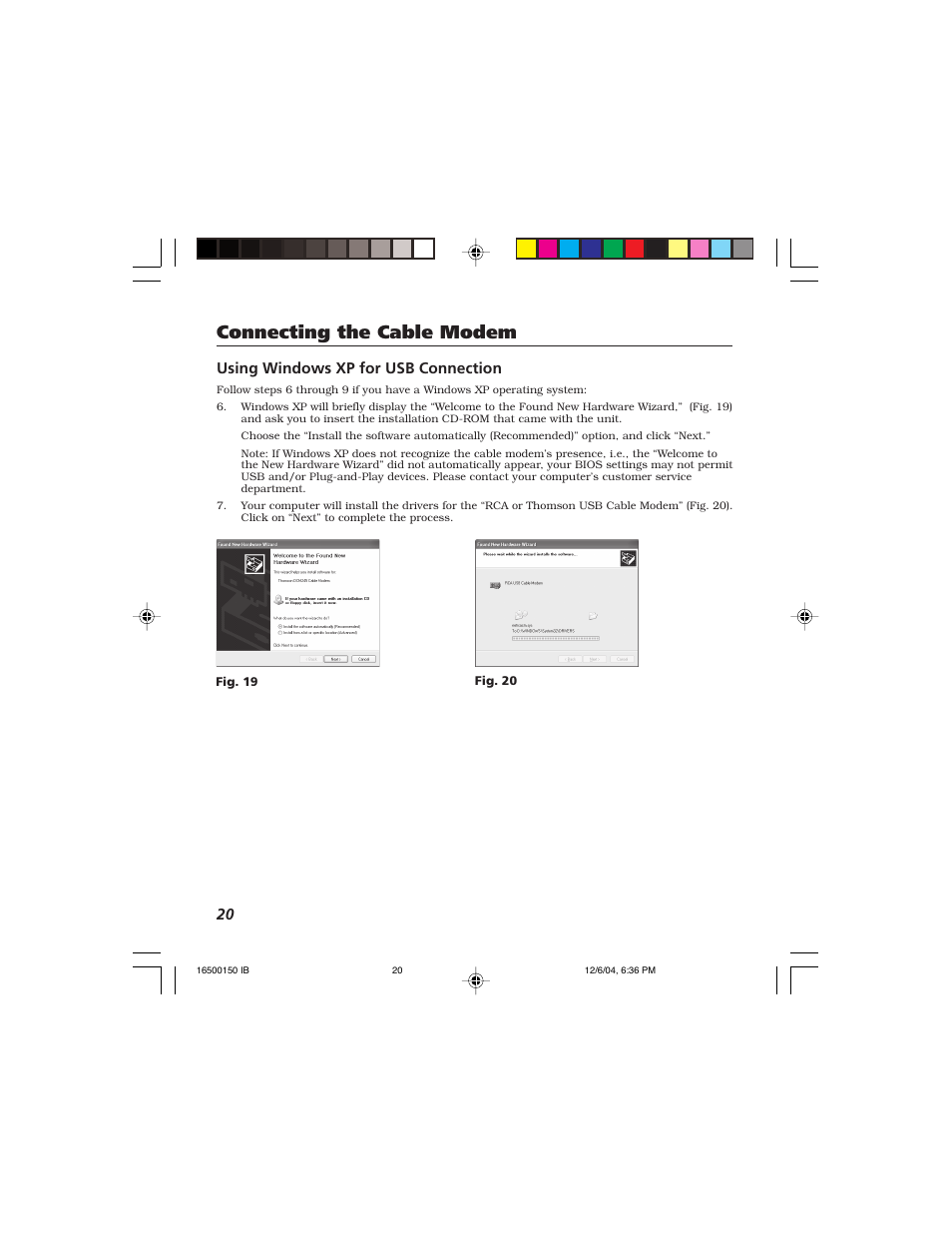 Connecting the cable modem, Using windows xp for usb connection | Technicolor - Thomson Thomson CABLE MODEM User Manual | Page 22 / 35