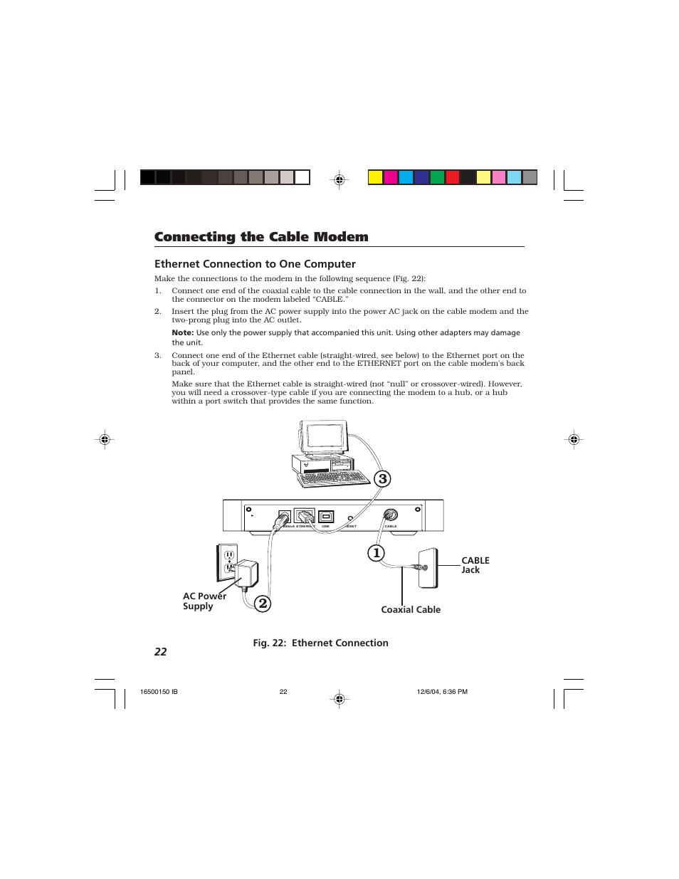 Connecting the cable modem, 22 ethernet connection to one computer | Technicolor - Thomson Thomson CABLE MODEM User Manual | Page 24 / 35