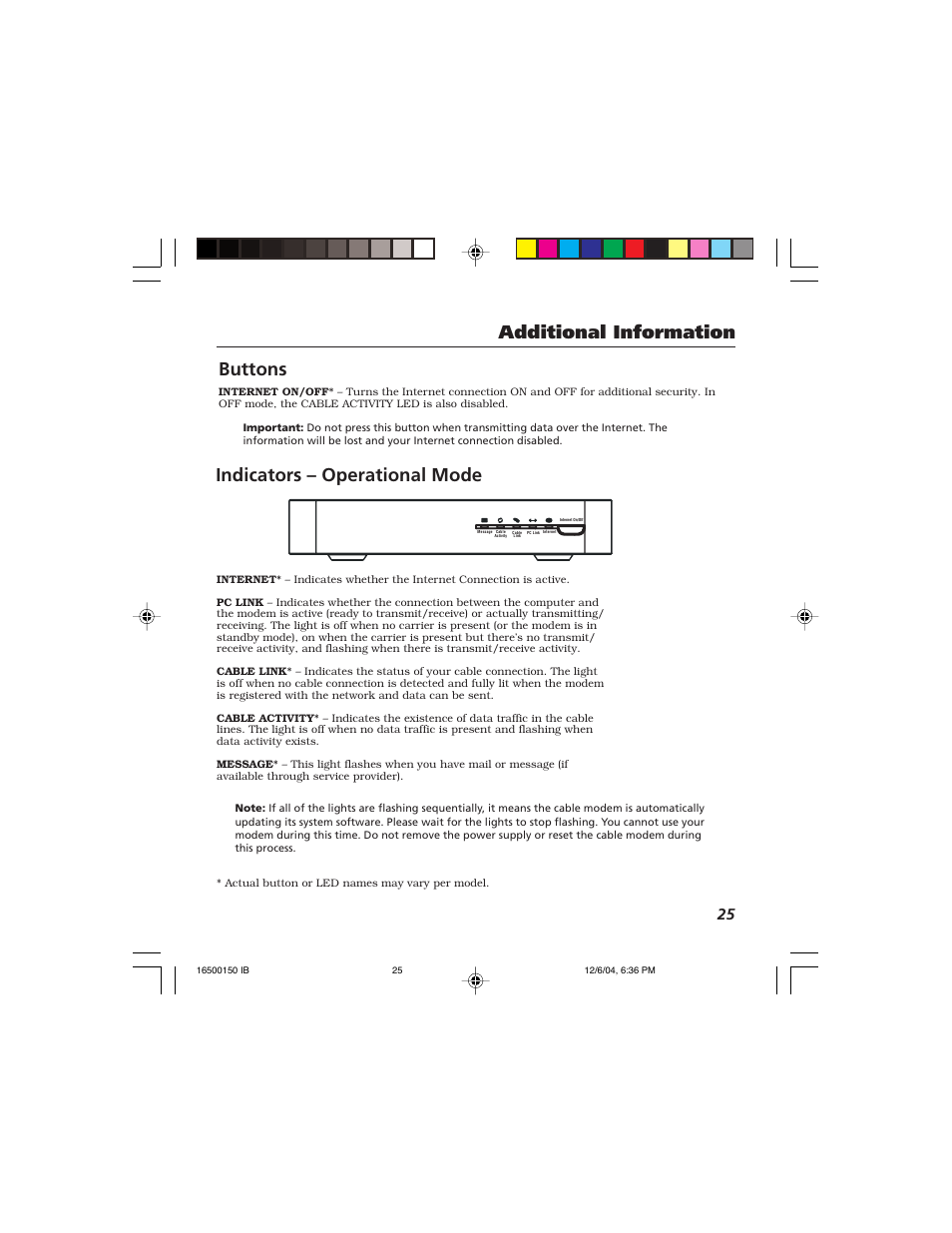 Buttons, Additional information, Indicators – operational mode | Technicolor - Thomson Thomson CABLE MODEM User Manual | Page 27 / 35