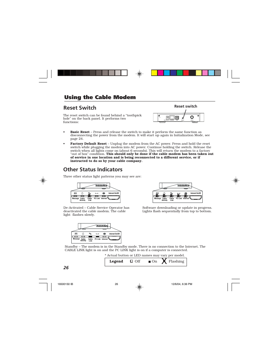 Reset switch using the cable modem, Other status indicators | Technicolor - Thomson Thomson CABLE MODEM User Manual | Page 28 / 35