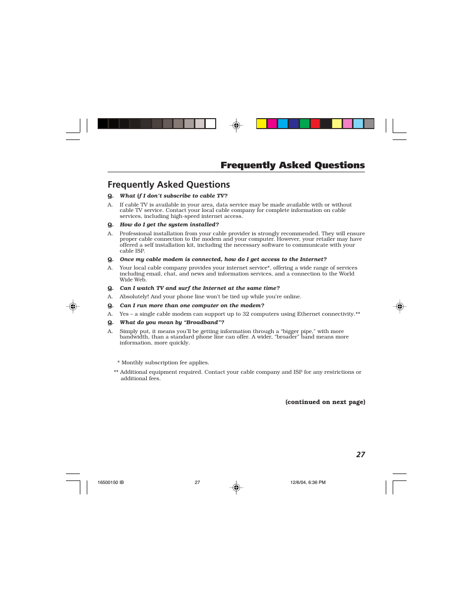 Frequently asked questions | Technicolor - Thomson Thomson CABLE MODEM User Manual | Page 29 / 35