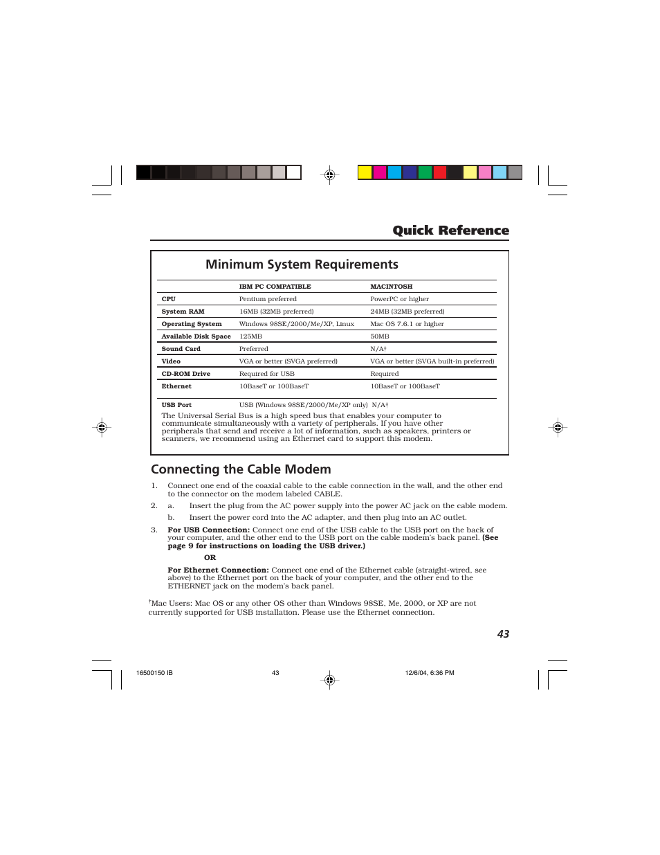 Connecting the cable modem, Minimum system requirements quick reference | Technicolor - Thomson Thomson CABLE MODEM User Manual | Page 32 / 35