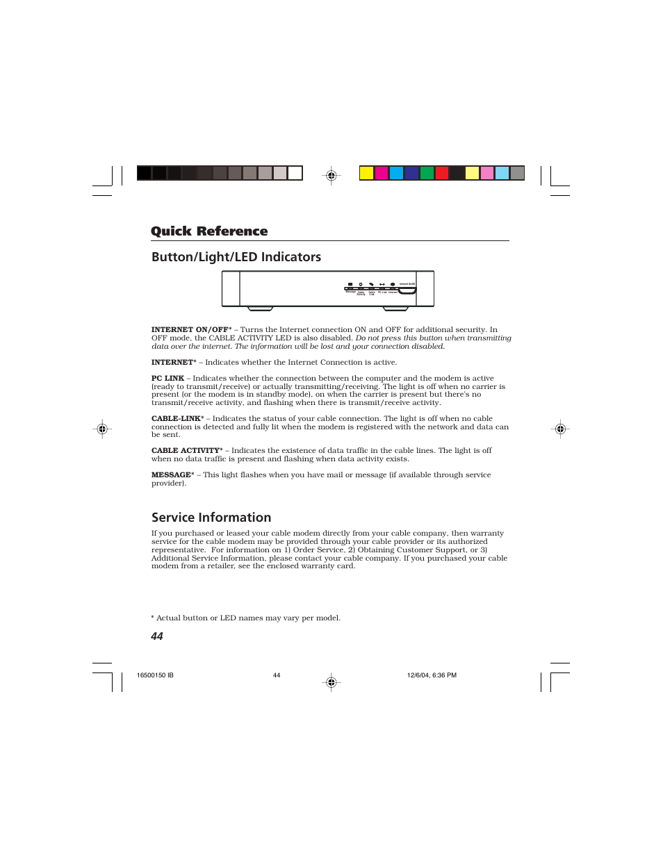 Button/light/led indicators quick reference, Service information | Technicolor - Thomson Thomson CABLE MODEM User Manual | Page 33 / 35