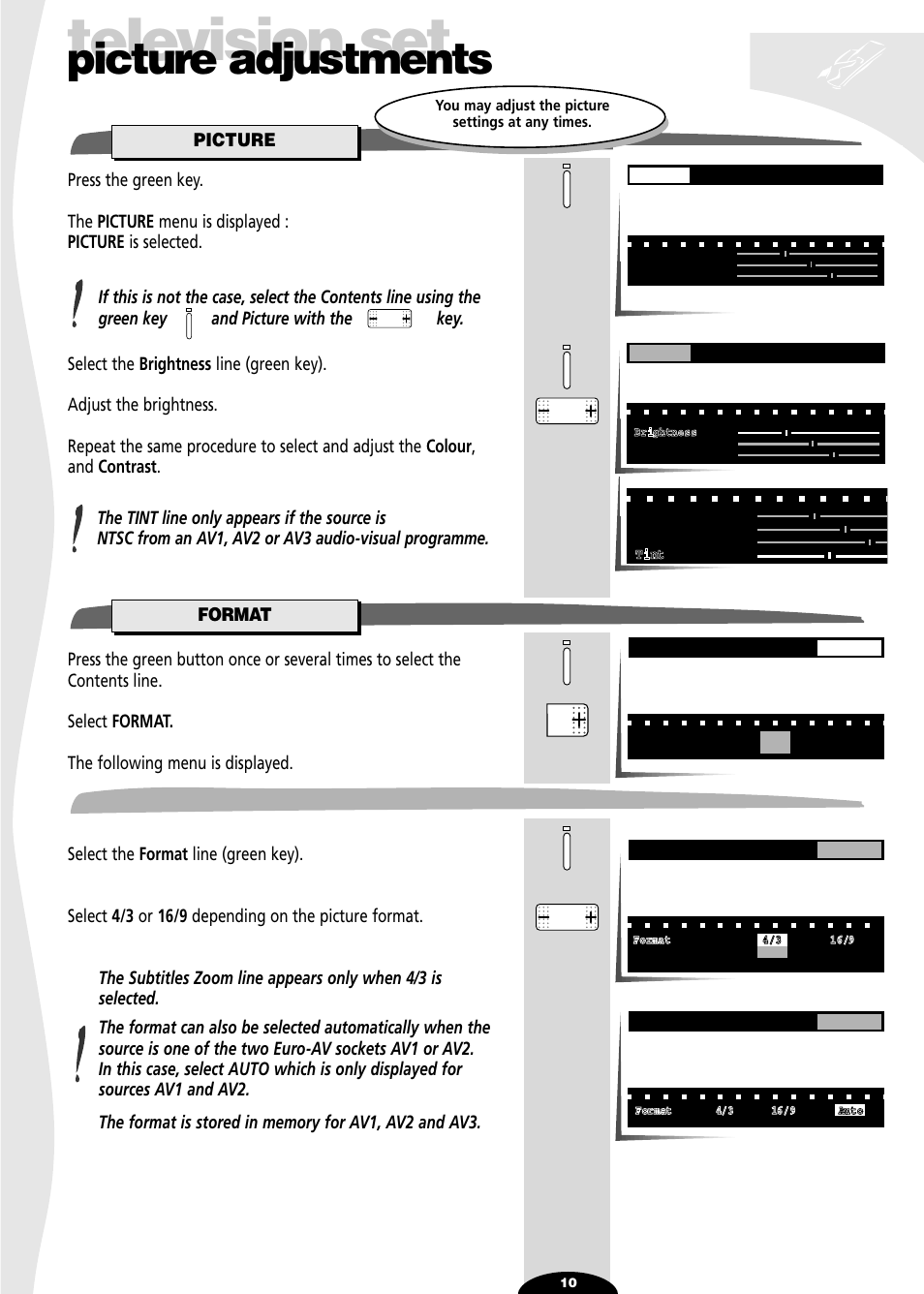 Picture adjustements, Picture, Format | Television set, Picture adjustments | Technicolor - Thomson 28DT68L User Manual | Page 10 / 27