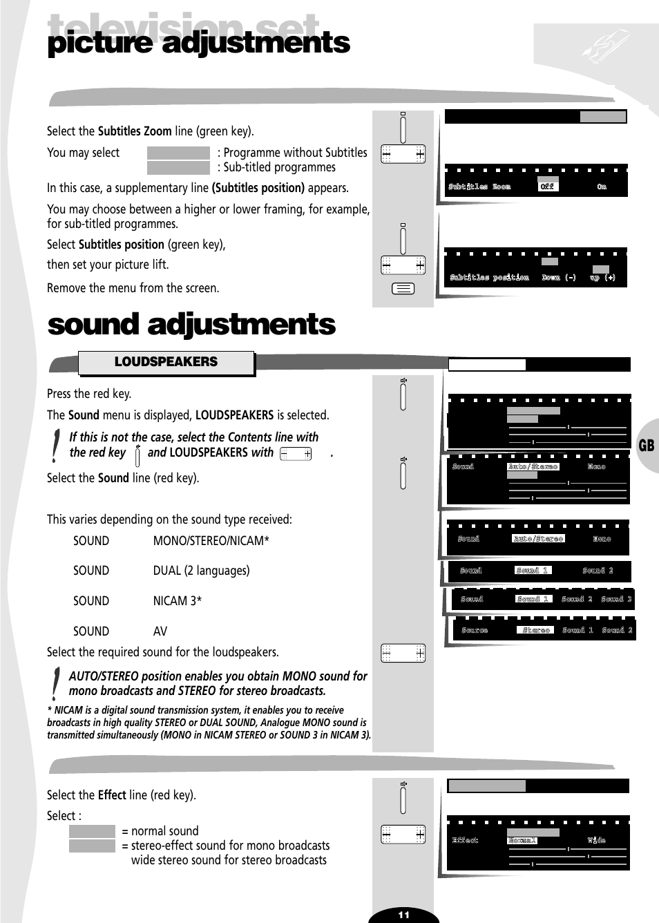 Subtitles zoom, Sound adjustements, Loudspeakers | Effect, Television set, Picture adjustments, Sound adjustments | Technicolor - Thomson 28DT68L User Manual | Page 11 / 27