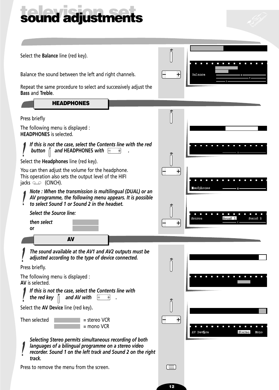 Balance, Headphones, Television set | Sound adjustments | Technicolor - Thomson 28DT68L User Manual | Page 12 / 27
