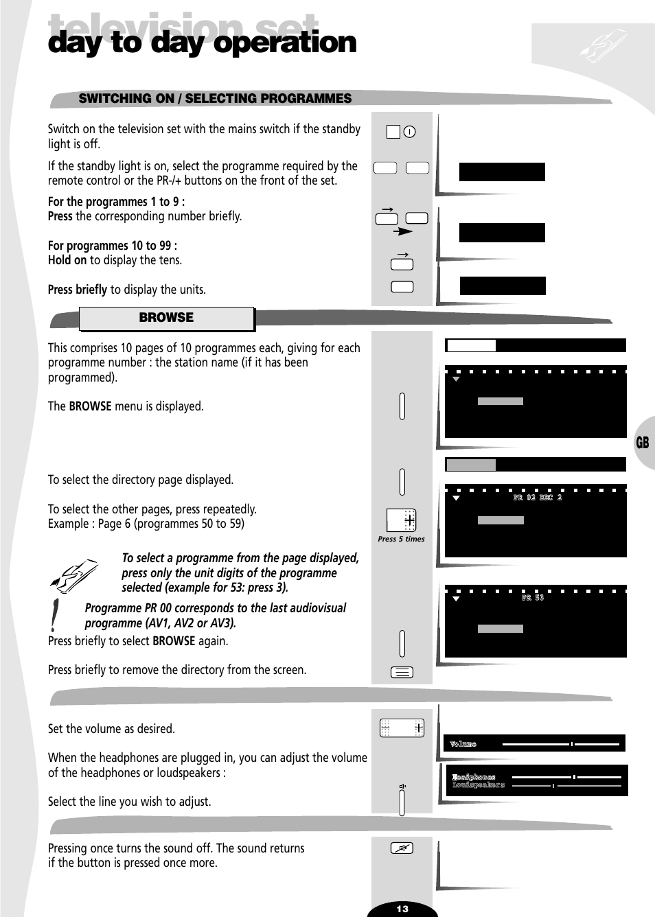 Day to day operation, Switching on / selecting programmes, Browse | Volume, Sound mute, Television set | Technicolor - Thomson 28DT68L User Manual | Page 13 / 27