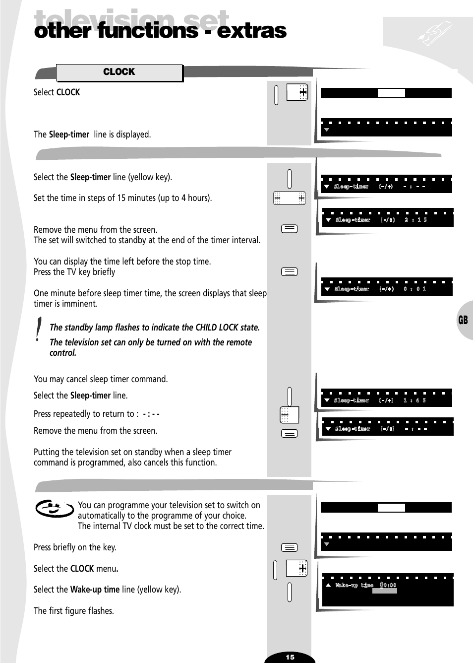 Other functions - extras, Clock, Sleep-timer | Clock (automatic on), Television set | Technicolor - Thomson 28DT68L User Manual | Page 15 / 27