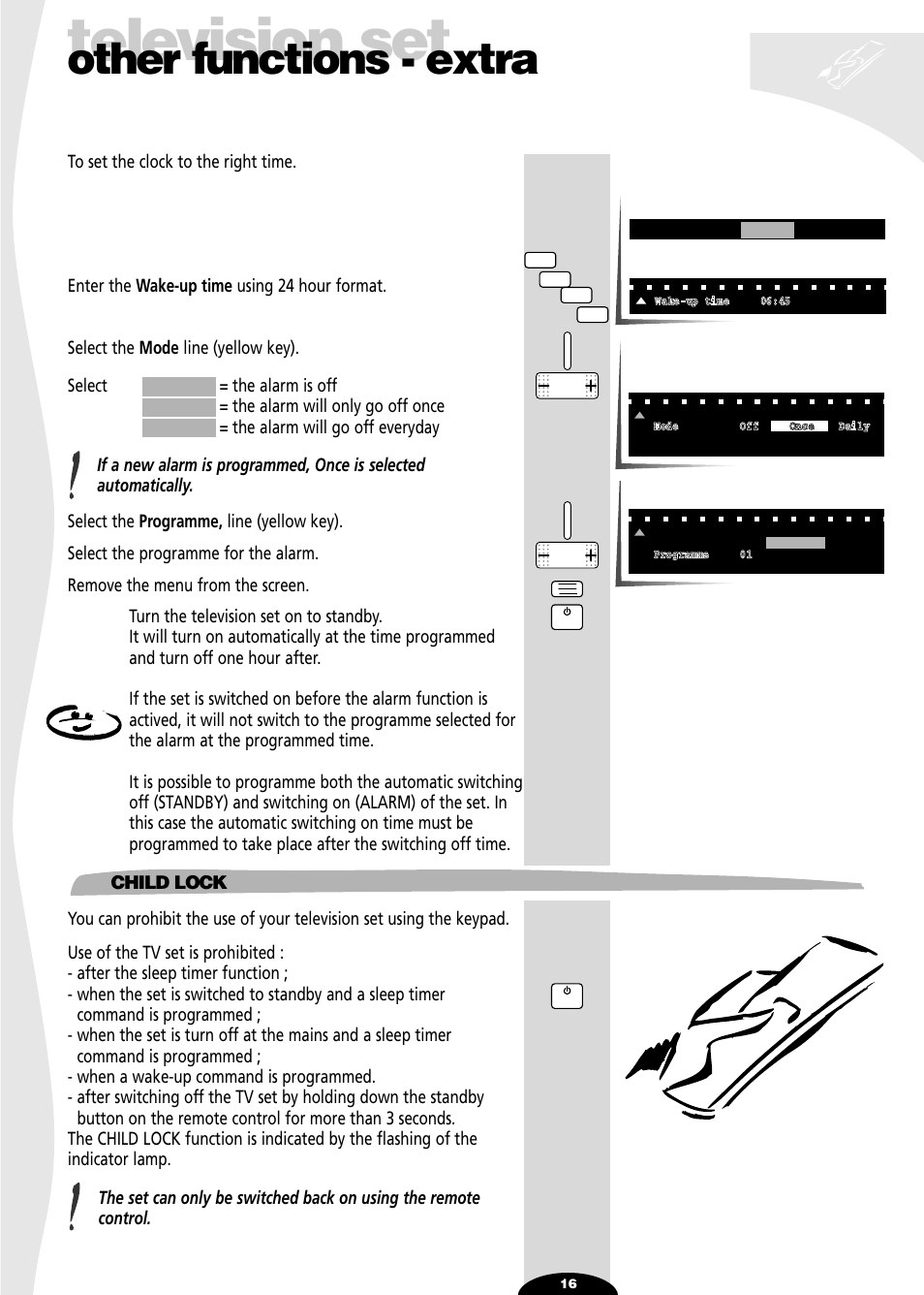 Child lock, Television set, Other functions - extra | Technicolor - Thomson 28DT68L User Manual | Page 16 / 27