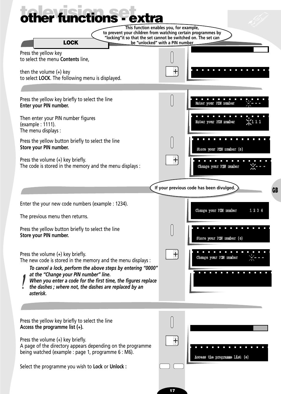 Lock, Enter your pin number, Change you pin number | Access the programme list, Television set, Other functions - extra, Change you pin number access the programme list | Technicolor - Thomson 28DT68L User Manual | Page 17 / 27