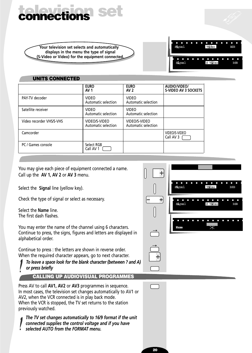 Units connected, Name, Calling up audiovisual programmes | Television set, Connections | Technicolor - Thomson 28DT68L User Manual | Page 20 / 27