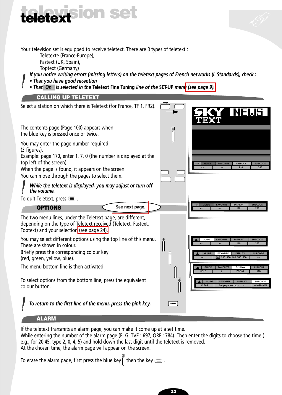 Teletext, Calling up teletext, Options | Alarm, Television set, Options alarm | Technicolor - Thomson 28DT68L User Manual | Page 22 / 27