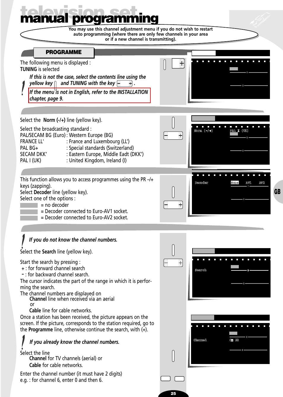 Manual programming, Programme, Norm | Decoder, Channel/cable, Television set, Norm channel/cable | Technicolor - Thomson 28DT68L User Manual | Page 25 / 27