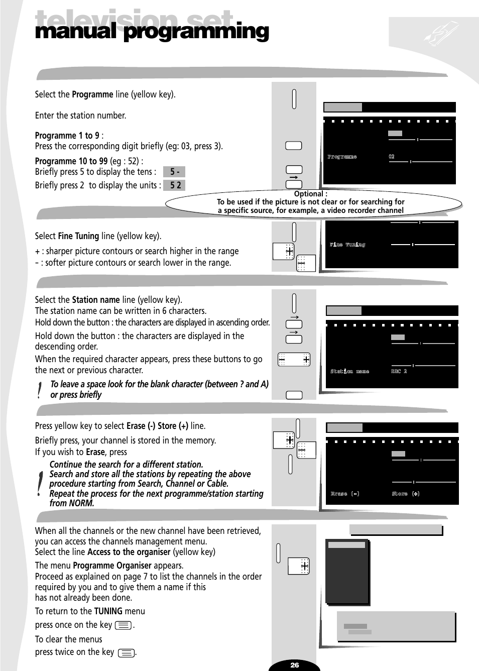 Programme, Fine tuning, Station name | Store / erase, Access to the organiser, Television set, Manual programming | Technicolor - Thomson 28DT68L User Manual | Page 26 / 27