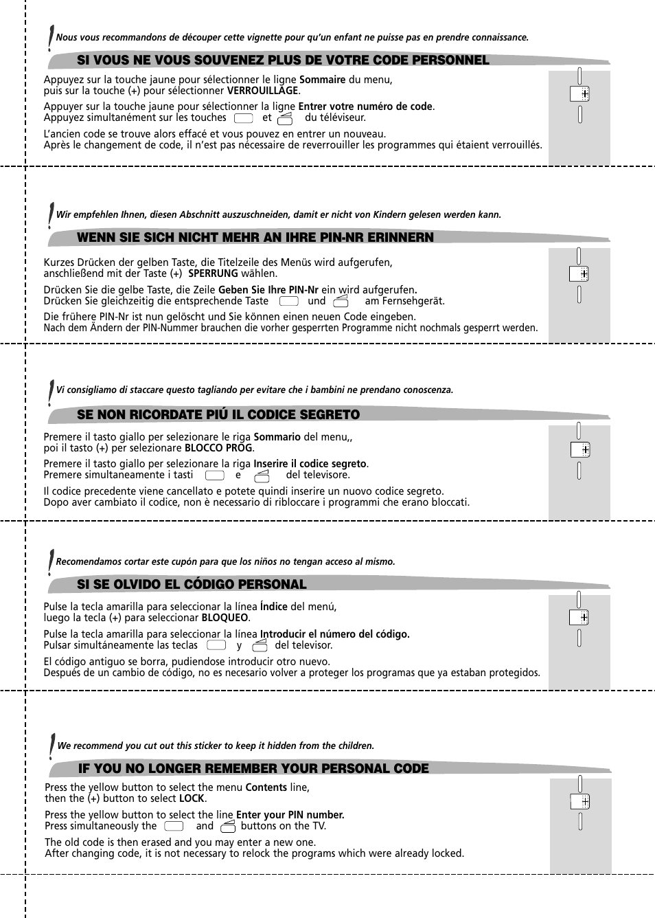 If you no longer remember your personal code, Wenn sie sich nicht mehr an ihre pin-nr erinnern, Si se olvido el código personal | Se non ricordate piú il codice segreto | Technicolor - Thomson 28DT68L User Manual | Page 27 / 27