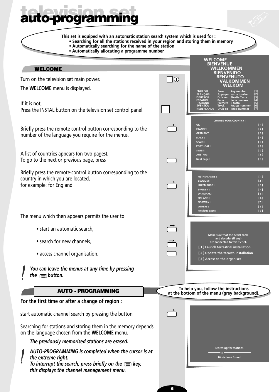 Auto-programming, Welcome, Television set | For the first time or after a change of region, Auto - programming | Technicolor - Thomson 28DT68L User Manual | Page 6 / 27