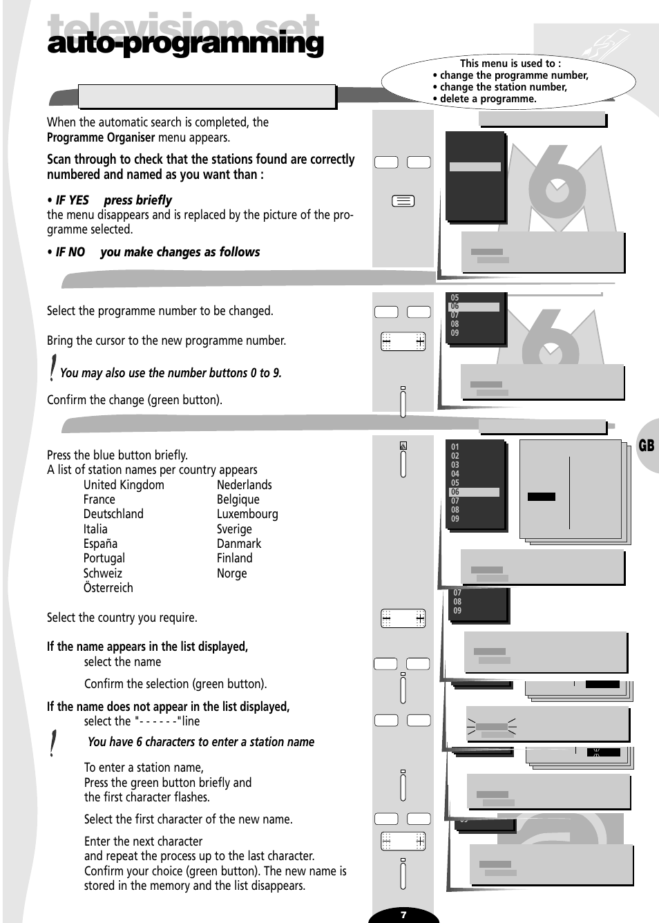 Programme organiser, The programme number, The station name | Television set, Auto-programming, The programme number - the station name | Technicolor - Thomson 28DT68L User Manual | Page 7 / 27