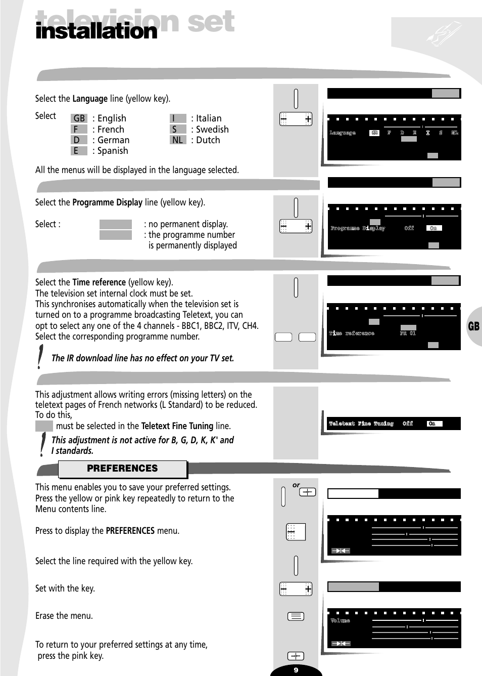 Menu language, Programme number display, Time reference | Teletext fine tuning, Preferences, Television set, Installation | Technicolor - Thomson 28DT68L User Manual | Page 9 / 27