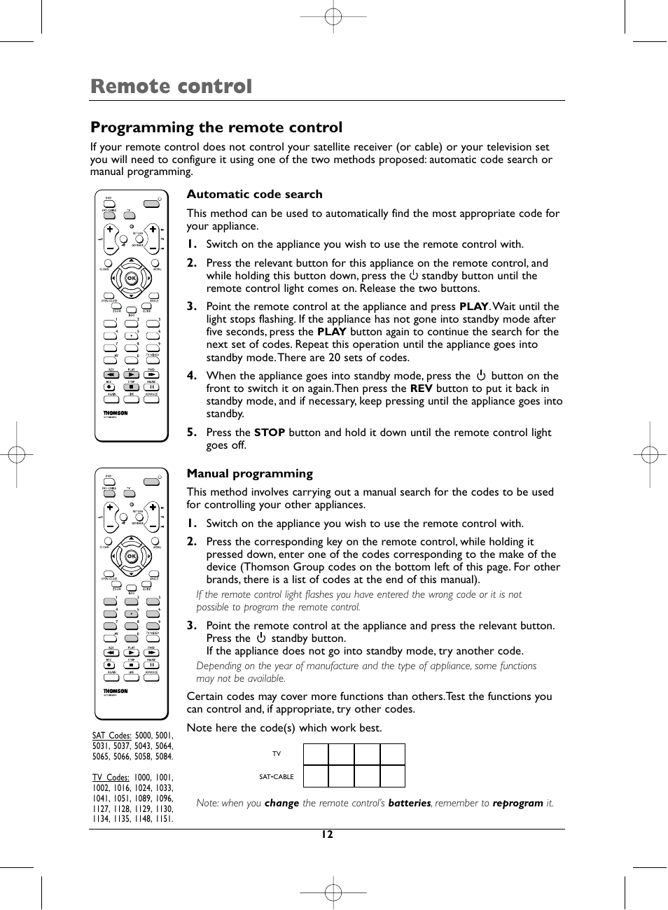 Remote control, Programming the remote control | Technicolor - Thomson DTH720 User Manual | Page 12 / 38