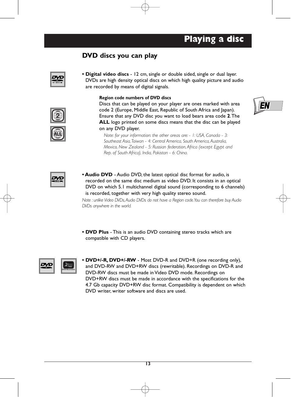 Playing a disc, Dvd discs you can play | Technicolor - Thomson DTH720 User Manual | Page 13 / 38