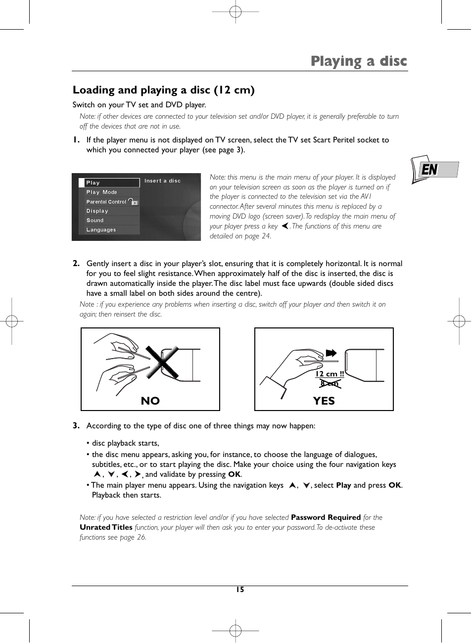 Playing a disc, Loading and playing a disc (12 cm), Yes no | Technicolor - Thomson DTH720 User Manual | Page 15 / 38