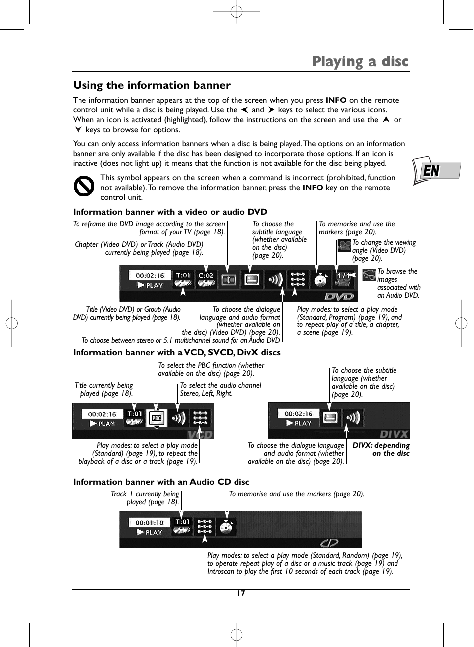 Playing a disc, Using the information banner | Technicolor - Thomson DTH720 User Manual | Page 17 / 38
