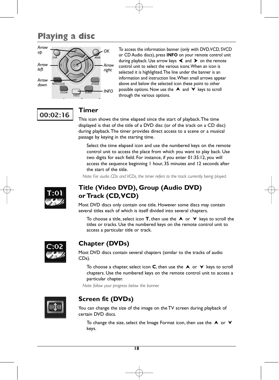 Playing a disc, Timer, Chapter (dvds) | Screen fit (dvds) | Technicolor - Thomson DTH720 User Manual | Page 18 / 38