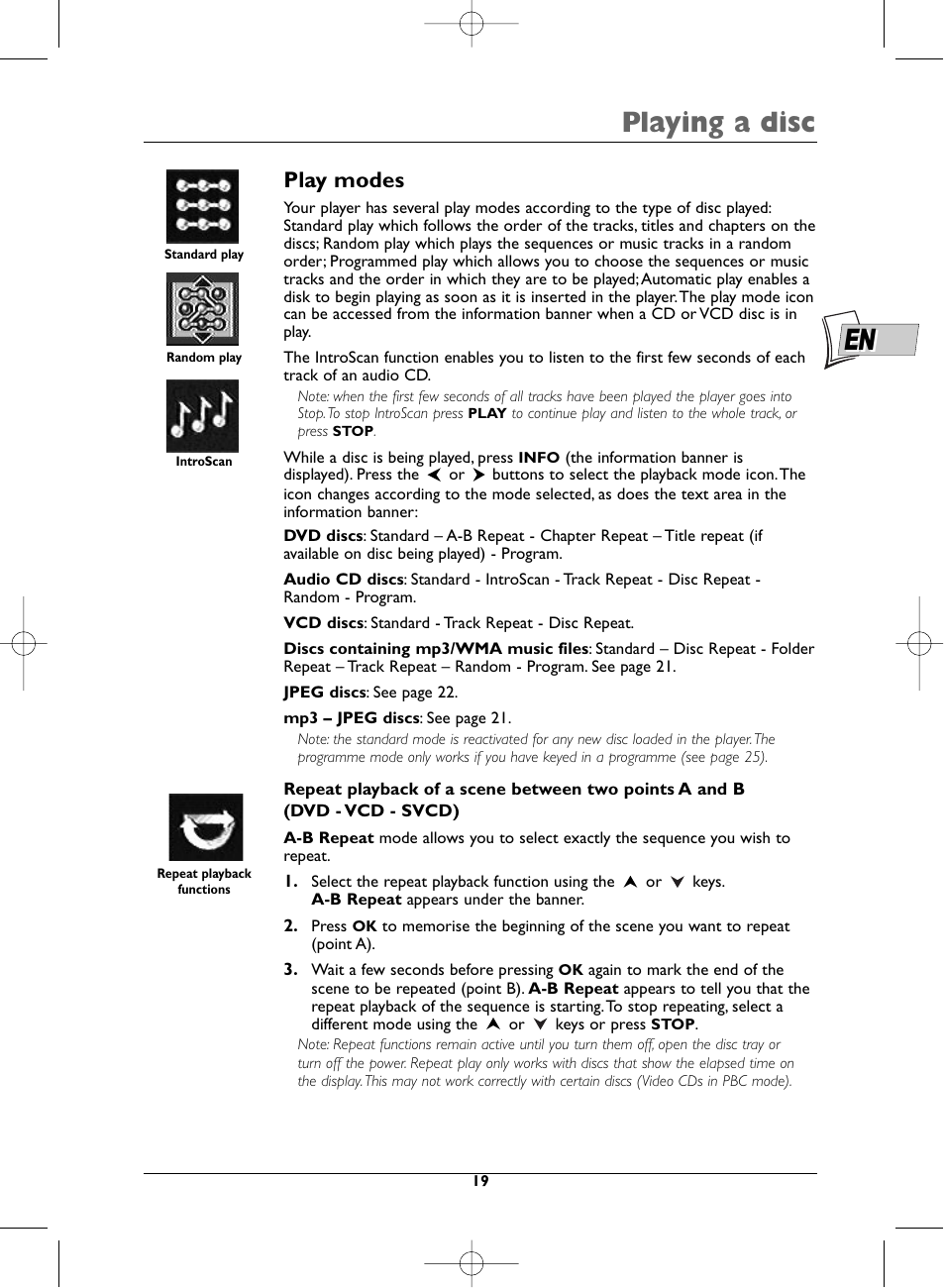 Playing a disc, Play modes | Technicolor - Thomson DTH720 User Manual | Page 19 / 38