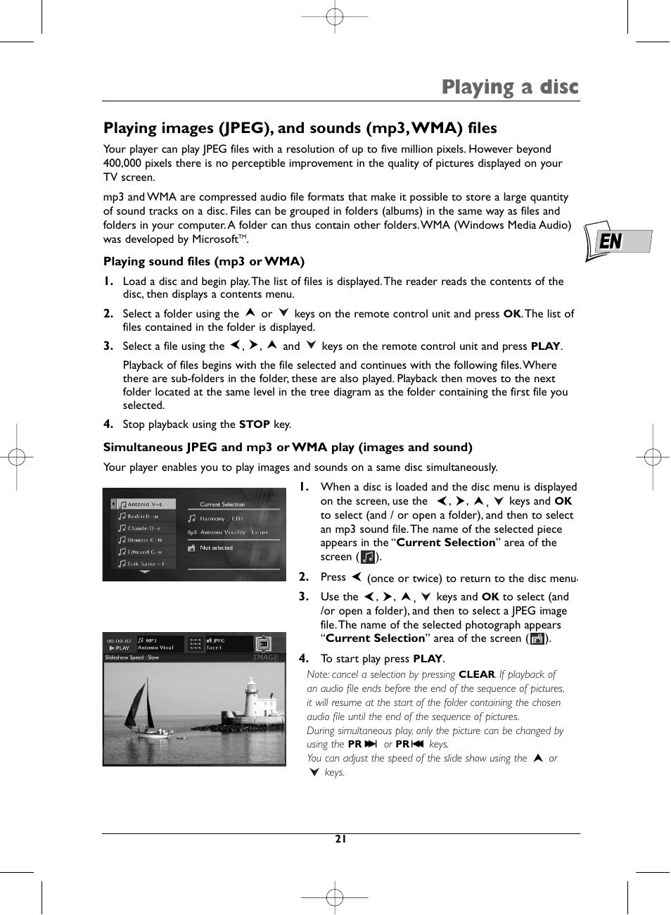 Playing a disc, Playing images (jpeg), and sounds (mp3,wma) files | Technicolor - Thomson DTH720 User Manual | Page 21 / 38