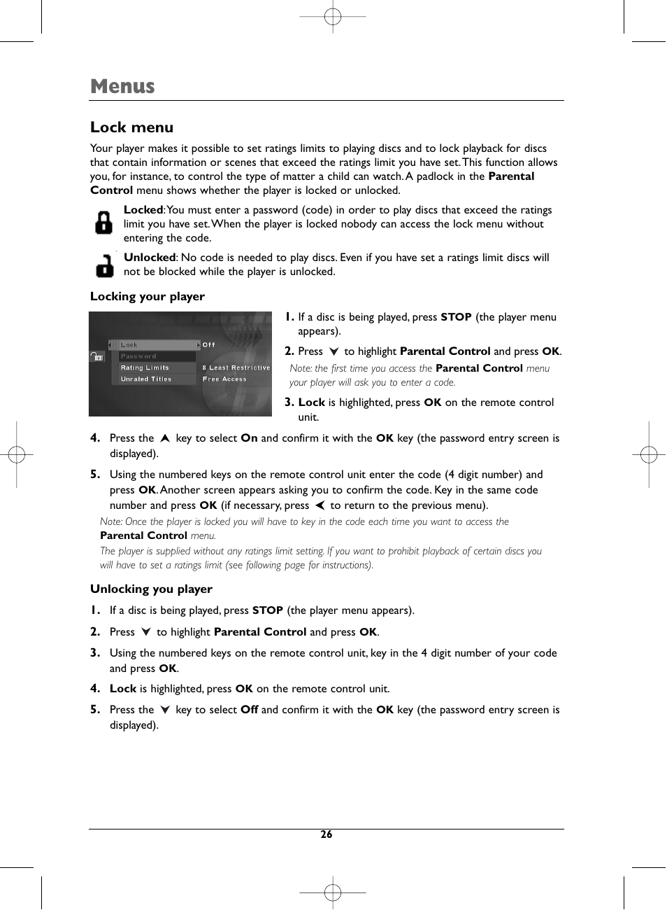 Menus, Lock menu | Technicolor - Thomson DTH720 User Manual | Page 26 / 38