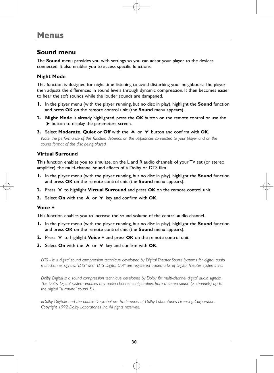 Menus, Sound menu | Technicolor - Thomson DTH720 User Manual | Page 30 / 38