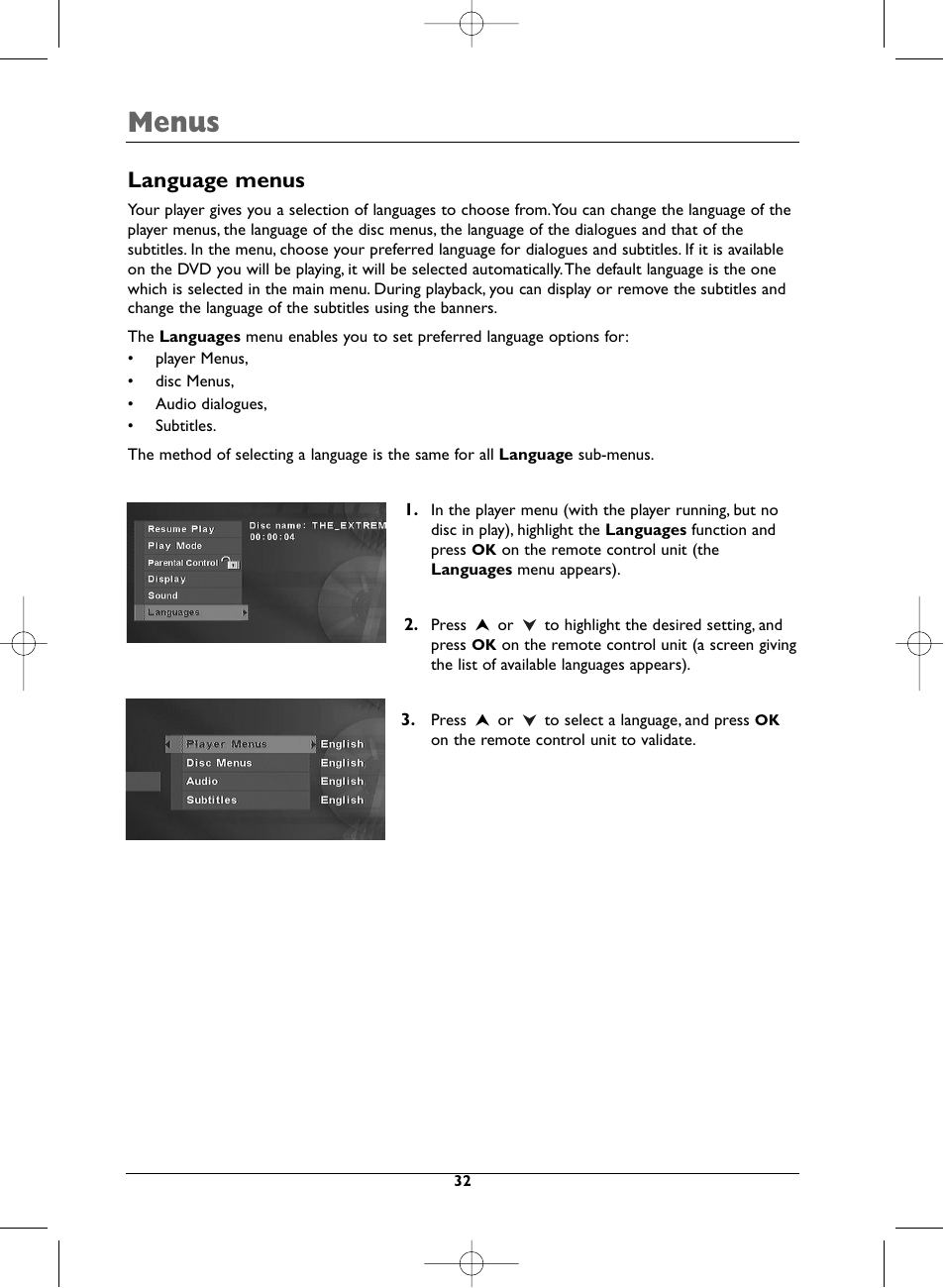 Menus, Language menus | Technicolor - Thomson DTH720 User Manual | Page 32 / 38