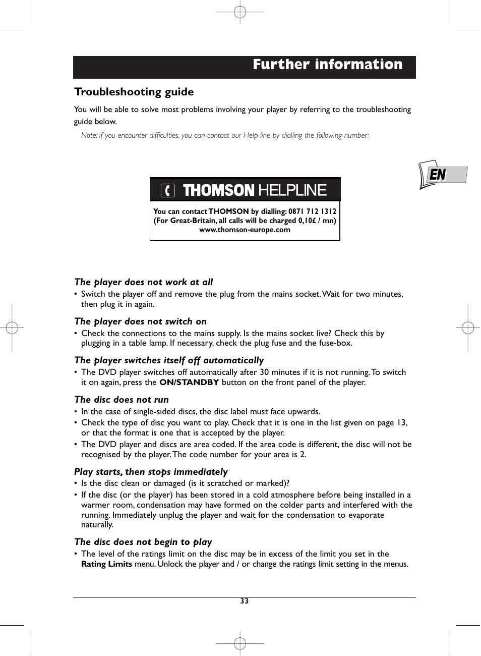 Further information, Troubleshooting guide | Technicolor - Thomson DTH720 User Manual | Page 33 / 38