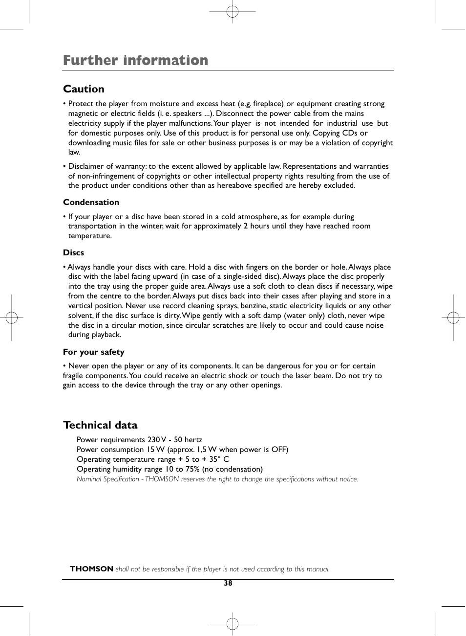 Further information, Caution, Technical data | Technicolor - Thomson DTH720 User Manual | Page 38 / 38