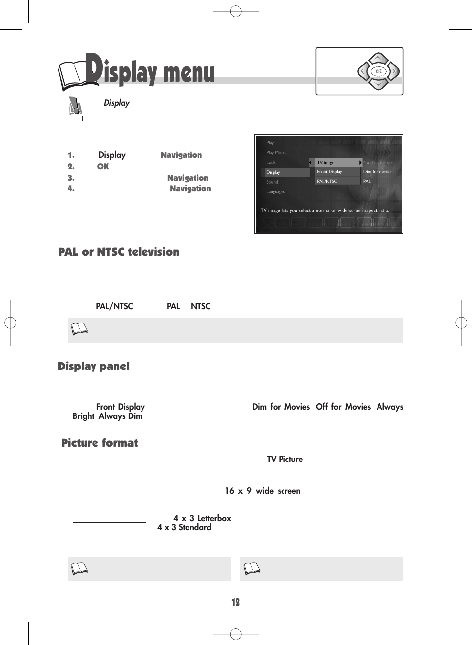 Isplay menu, Picture format display panel, Pal or ntsc television | Technicolor - Thomson DTH210U User Manual | Page 12 / 24
