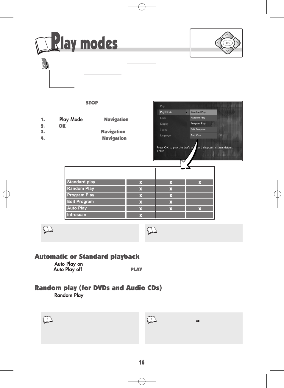 Lay modes, Automatic or standard playback, Random play (for dvds and audio cds) | Technicolor - Thomson DTH210U User Manual | Page 16 / 24