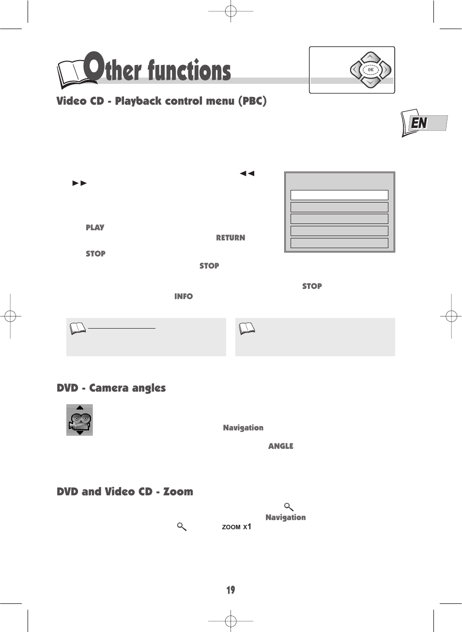 Ther functions, Video cd - playback control menu (pbc), Dvd - camera angles | Dvd and video cd - zoom | Technicolor - Thomson DTH210U User Manual | Page 19 / 24