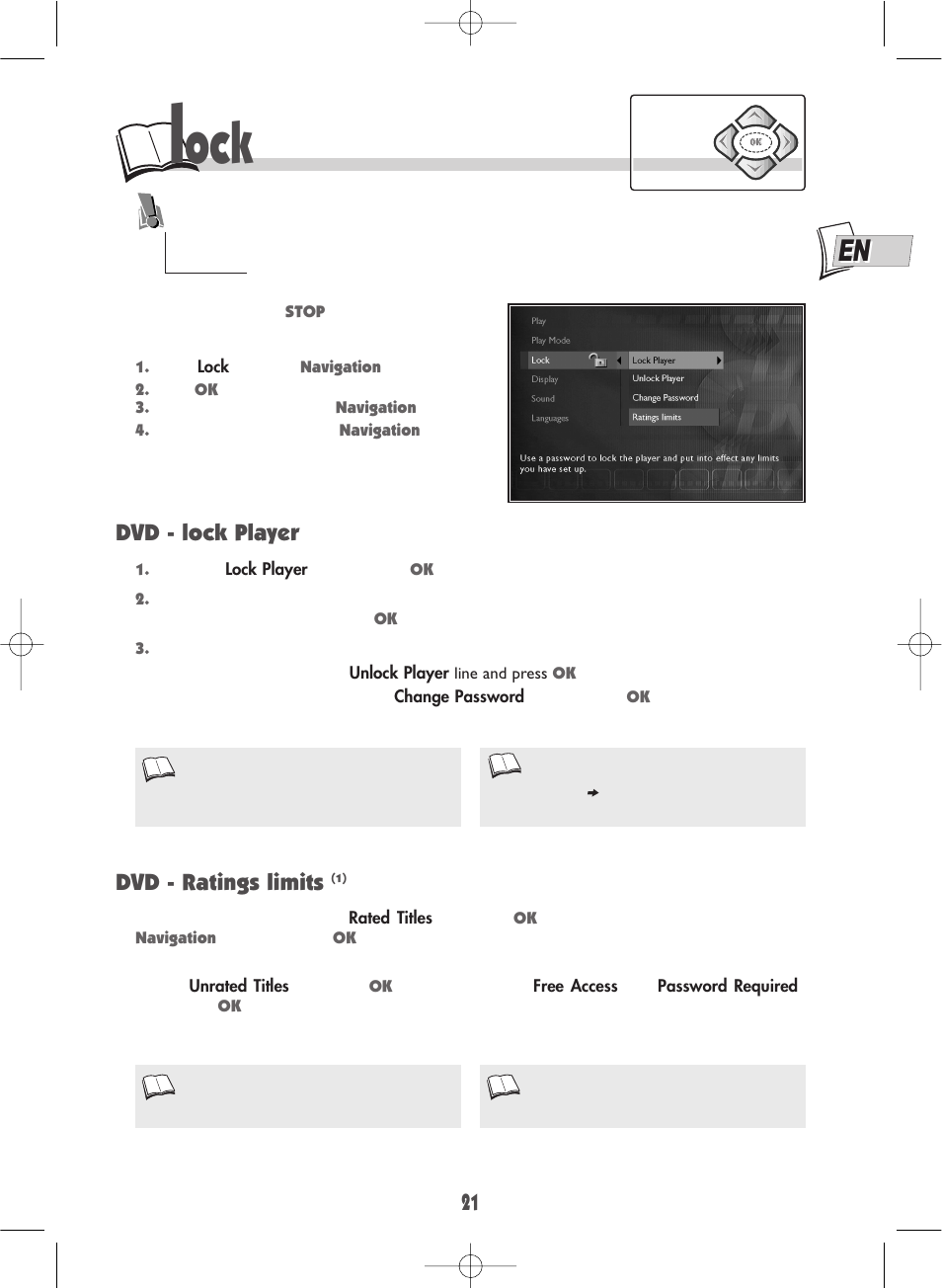 Dvd - lock player dvd - ratings limits | Technicolor - Thomson DTH210U User Manual | Page 21 / 24