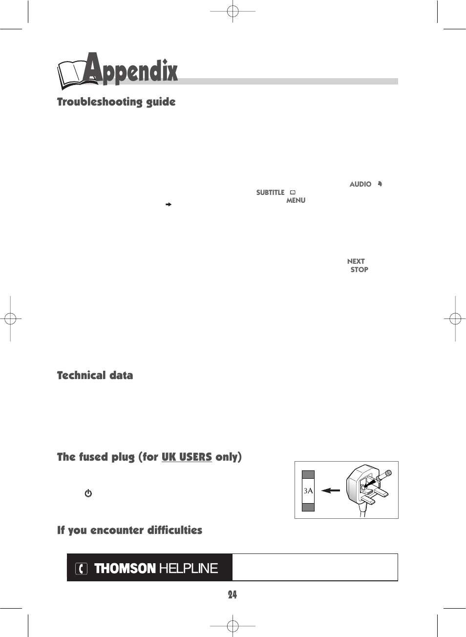 Ppendix, Troubleshooting guide, Technical data if you encounter difficulties | The fused plug (for uk users only) | Technicolor - Thomson DTH210U User Manual | Page 24 / 24