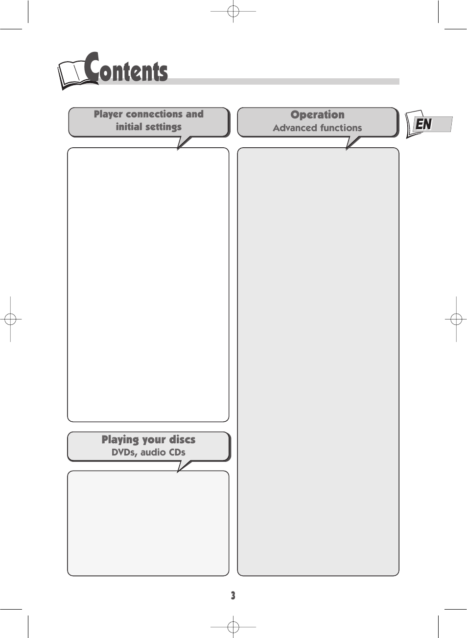 Ontents, Operation, Playing your discs | Technicolor - Thomson DTH210U User Manual | Page 3 / 24