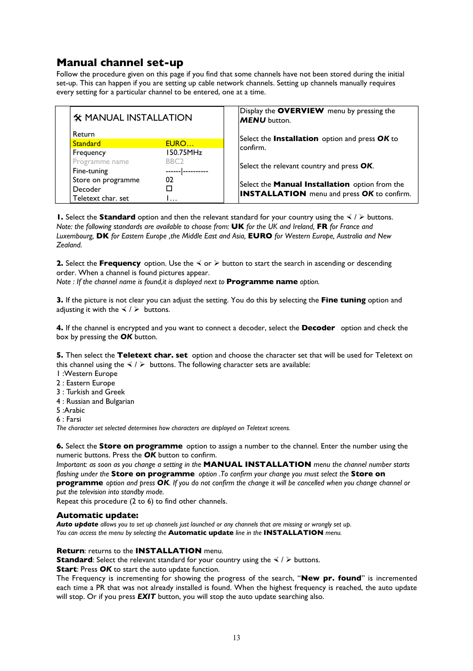 Manual channel set-up, Manual installation | Technicolor - Thomson 20LCDB03B User Manual | Page 13 / 23
