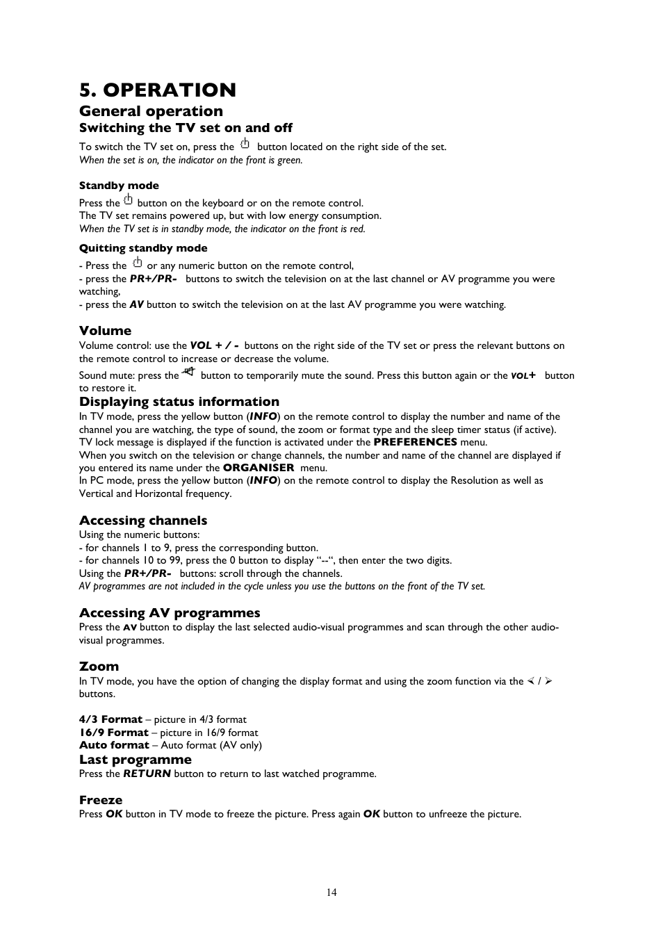 Operation, General operation | Technicolor - Thomson 20LCDB03B User Manual | Page 14 / 23