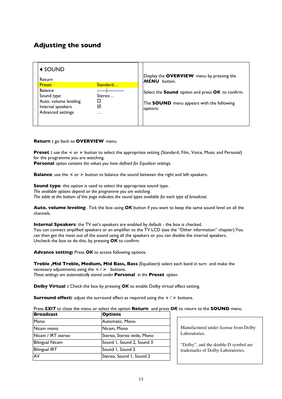 Adjusting the sound, Xsound | Technicolor - Thomson 20LCDB03B User Manual | Page 15 / 23