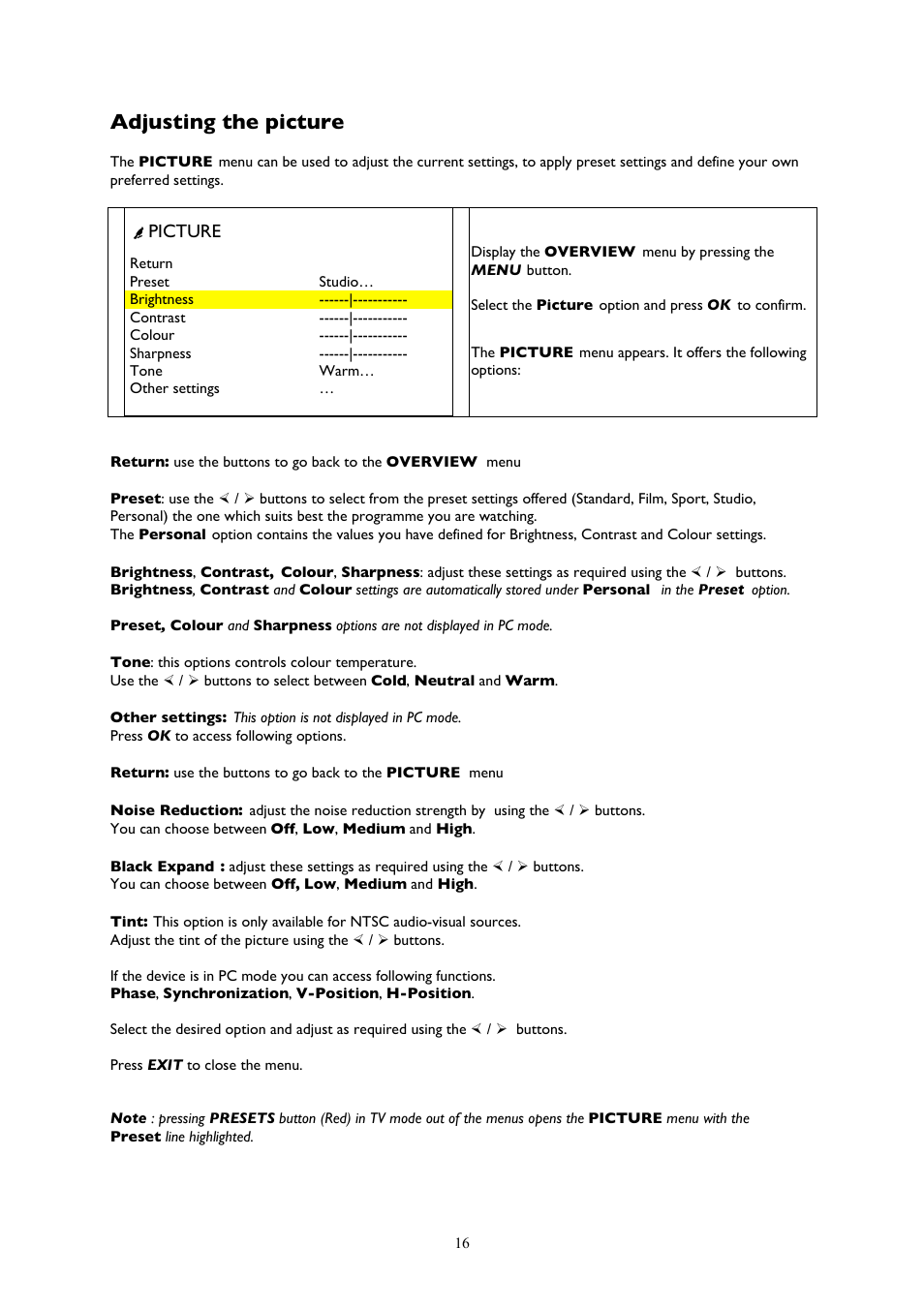 Adjusting the picture, Ûpicture | Technicolor - Thomson 20LCDB03B User Manual | Page 16 / 23