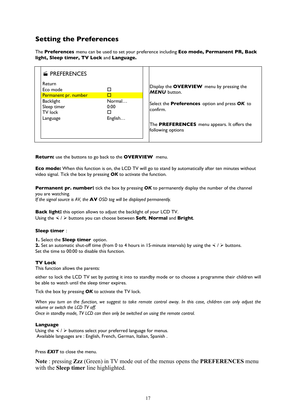 Setting the preferences, Preferences | Technicolor - Thomson 20LCDB03B User Manual | Page 17 / 23