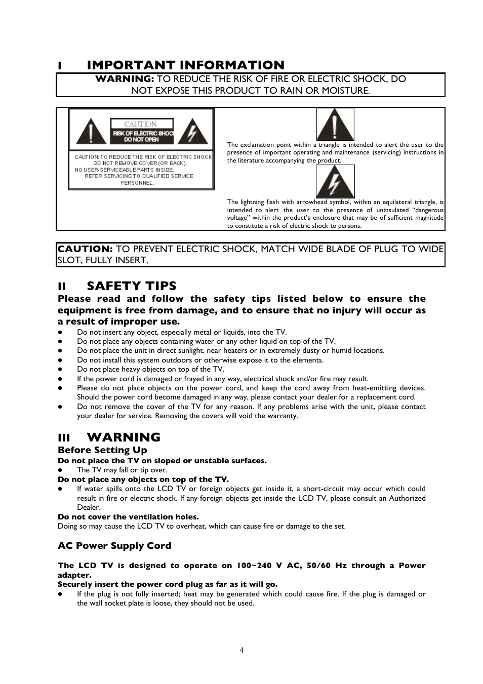 Important information, Safety tips, Warning | Before setting up, Ac power supply cord | Technicolor - Thomson 20LCDB03B User Manual | Page 4 / 23