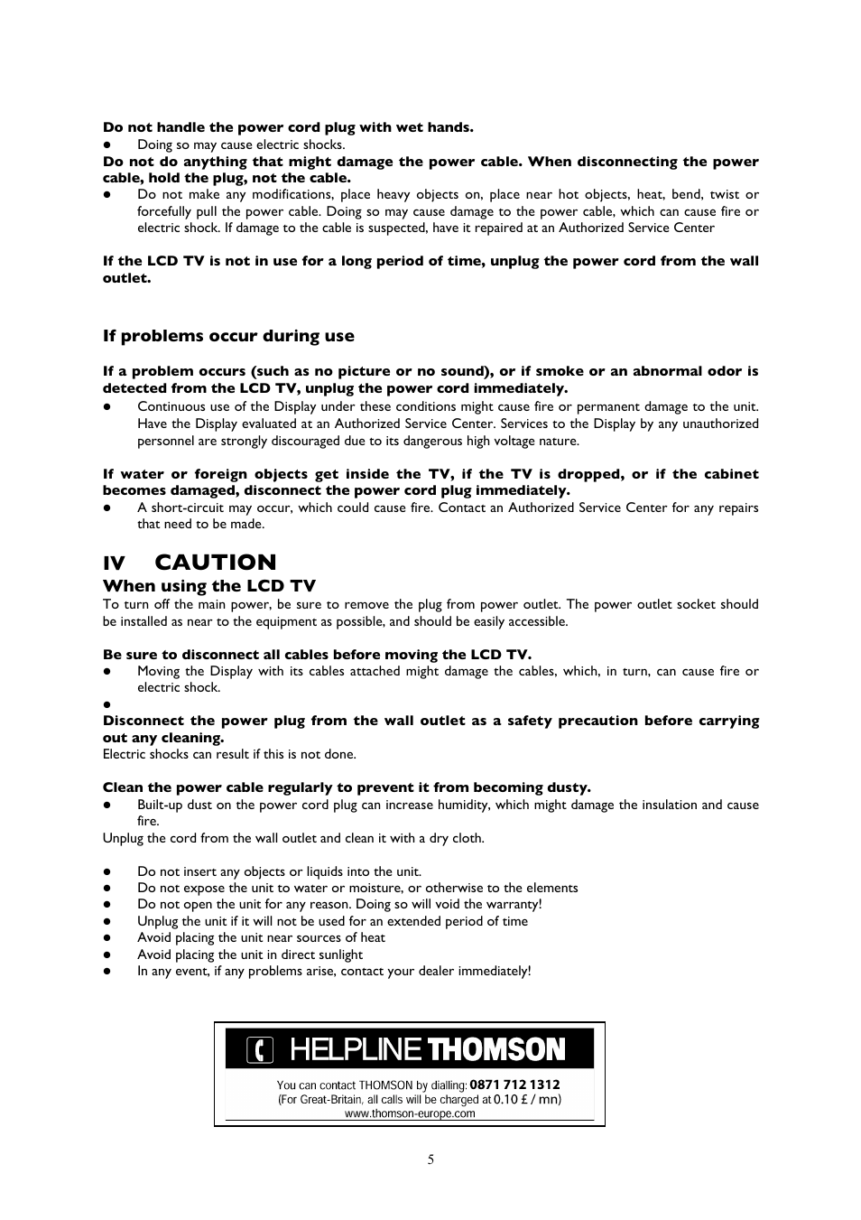 Caution, If problems occur during use, When using the lcd tv | Technicolor - Thomson 20LCDB03B User Manual | Page 5 / 23